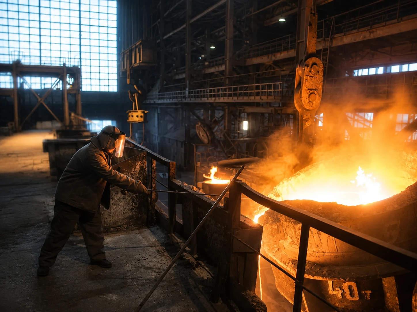 PFK metallurgical worker beside molten metal in the production hall
