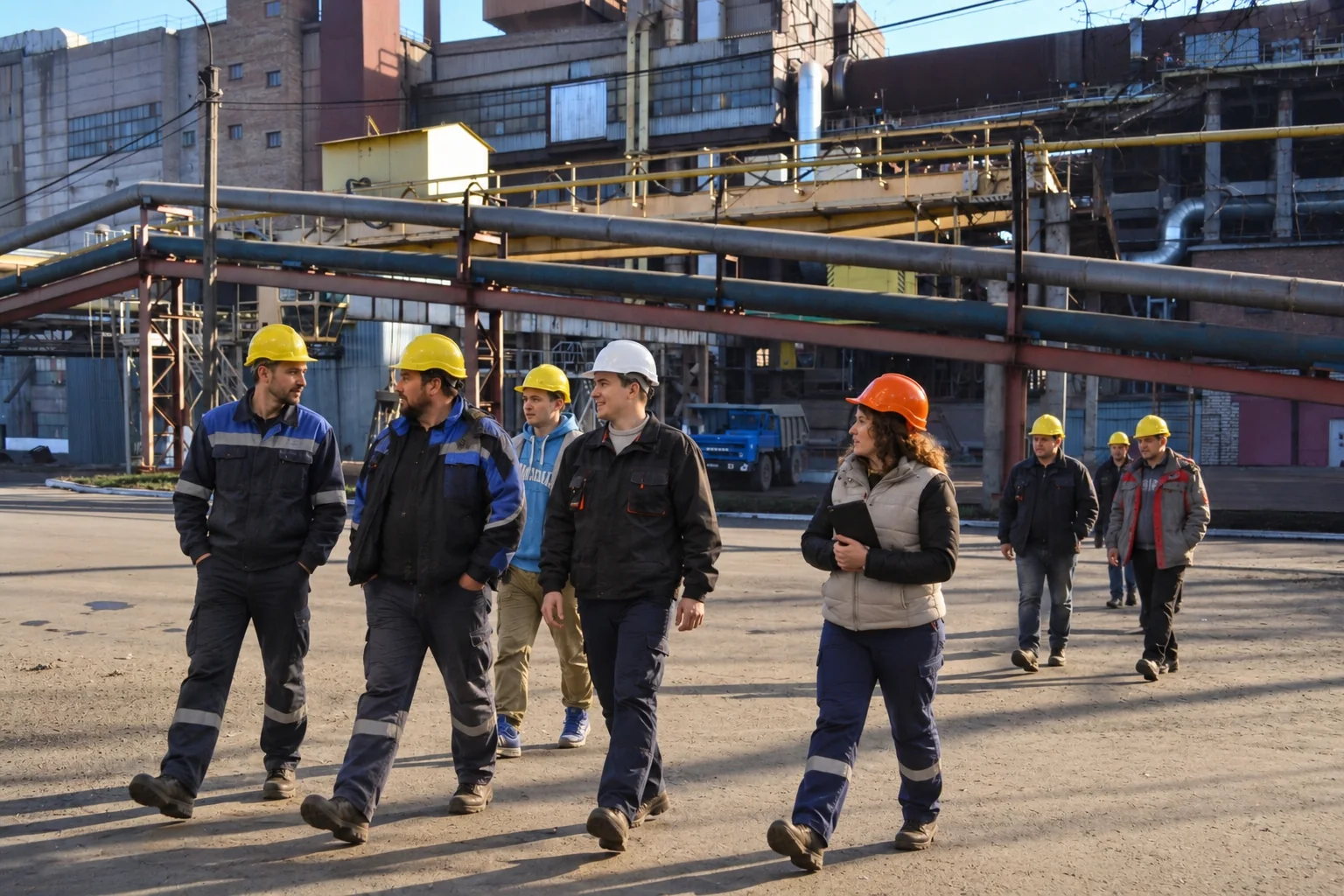 Illustrative employees walking through the plant
